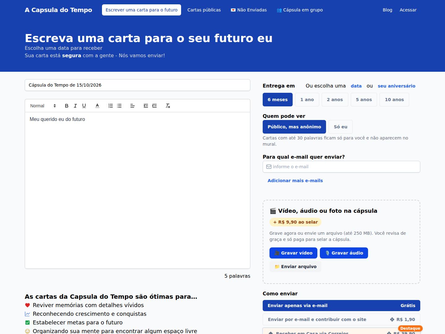 Home da Cápsula do Tempo, site para escrever cartas para o futuro