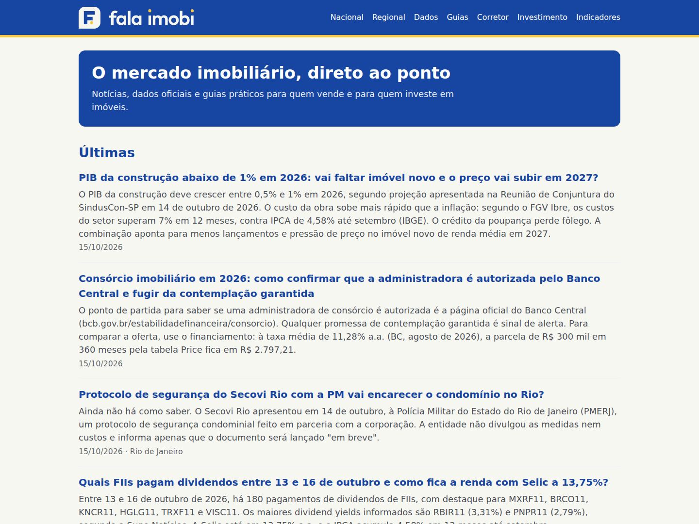 Home do Fala Imobi, portal de notícias do mercado imobiliário