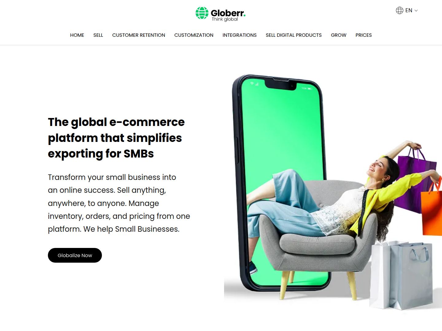 Home do Globerr, plataforma de e-commerce para exportação